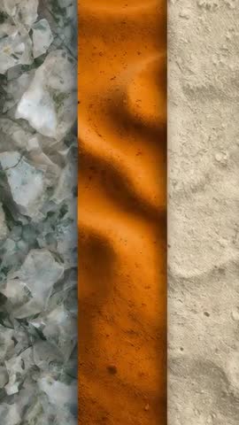 Vertical triptych displaying amber sand ripples with frosted glass and beige parchment textures