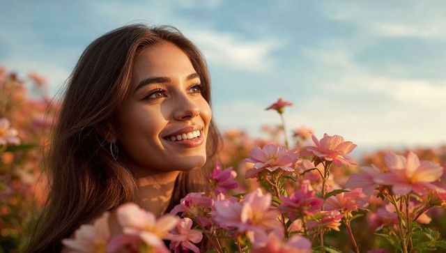 Smiling woman soaking up golden light in pink flower field at sunset, dreamy portrait