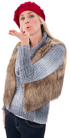 Blonde woman in winter outfit blowing kiss transparent background