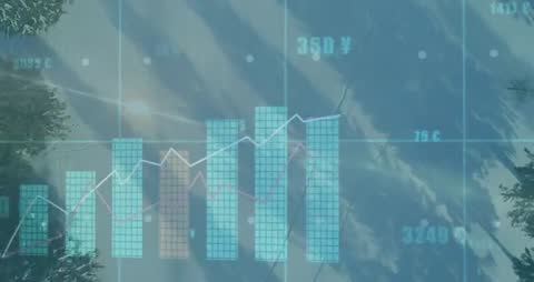 Animated Financial Graphs Over Cityscape Snowfall