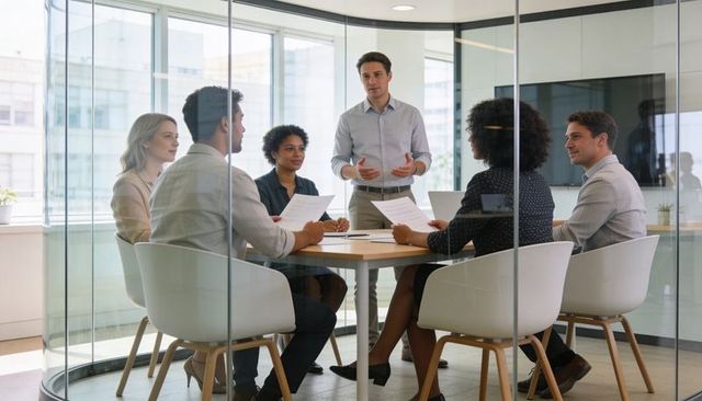 Leading team meeting in glass-walled conference room with diverse professionals collaborating