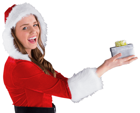 Transparent santa girl presenting festive gift with joy