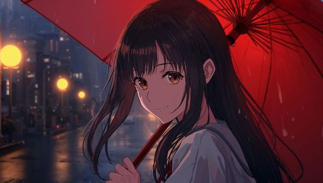 Anime schoolgirl holding red umbrella on rainy night urban street with warm glowing lamps