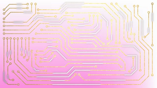 Golden circuit paths intricately laid over a pink to purple gradient background. Ideal for use in technology-related designs, website backgrounds, digital art showcases, or promotional materials conveying a theme of innovation and connectivity. Highlights a modern and futuristic aesthetic perfect for tech presentations, posters, and educational materials in electronics.