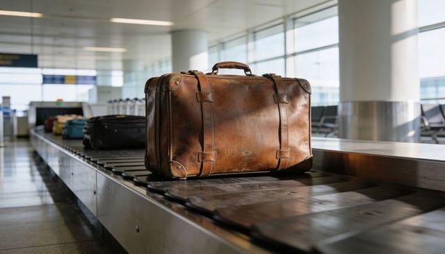 Worn brown leather suitcase rotating on airport baggage carousel with vintage patina