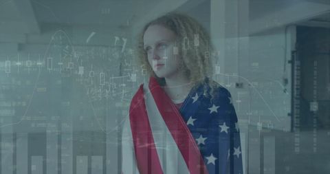 Woman in American Flag with Financial Graphs Overlay
