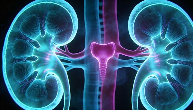 Neon 3D Medical Illustration of Urinary System Showing Kidneys, Ureters, Bladder and Spine
