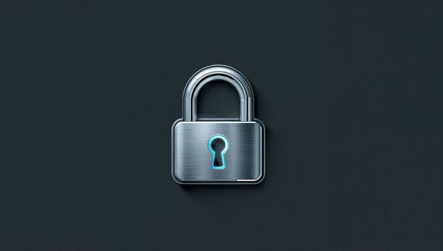 Brushed Steel Padlock with Cyan Keyhole Glow on Dark Minimal Background