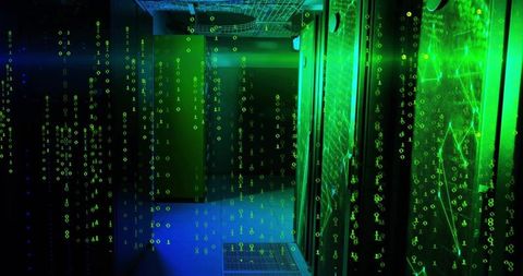 Glowing data center corridor with cascading green binary overlay and neon server racks