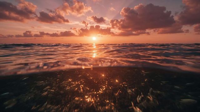 Tranquil sunset over ocean with reflections and fish schools
