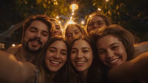 Group of Friends Leaning in for Nighttime Backyard Selfie Under Warm String Lights
