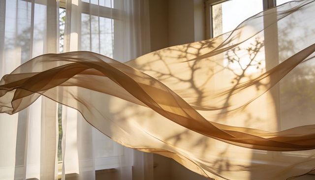 Billowing sheer curtain drifting through sunlit window casting tree-branch silhouettes