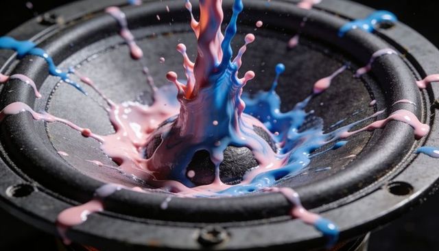 Speaker cone vibrating launching pastel pink and blue paint splash in high-speed macro