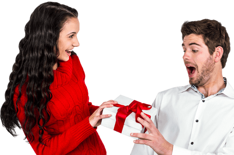 Smiling Young Woman Handing Gift to Surprised Man Transparent Background