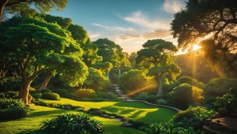 Serene hillside garden with waterfalls and winding stone paths, garden of eden concept