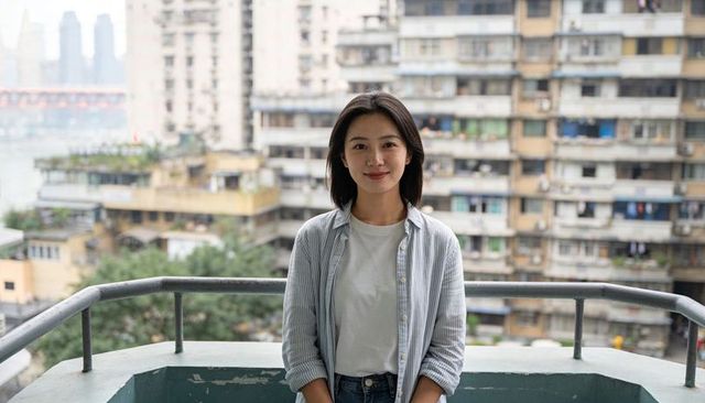 Young woman standing on urban balcony overlooking river and dense apartment skyline moody light