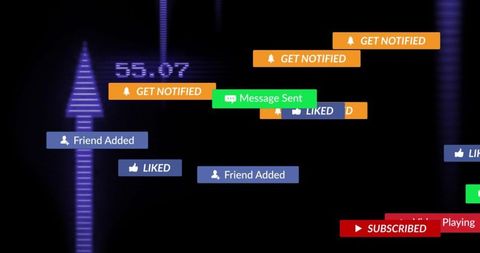 Floating social media notification badges and neon ui overlay for live stream engagement