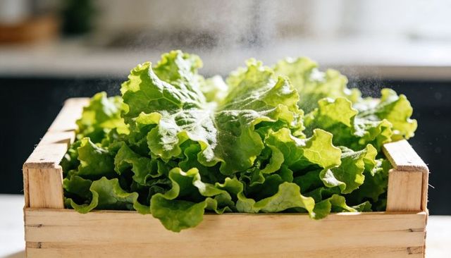 Crisp green leaf lettuce spilling from wooden crate backlit with morning mist