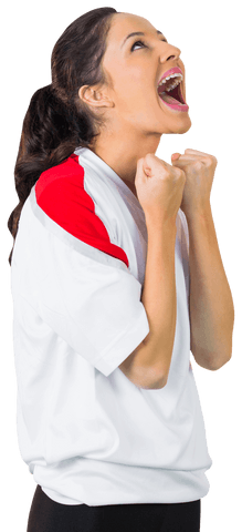 Excited Female Fan Celebrating Victory in Transparent Shirt
