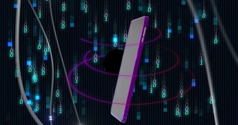 Hovering purple smartphone orbiting neon rings in cyber grid with falling binary code