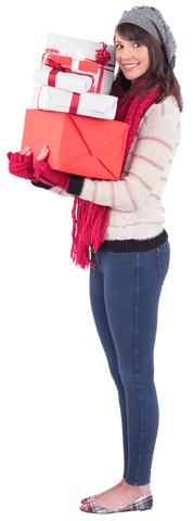 Smiling Woman Holding Gift Packages Preparing for Festive Season Transparent