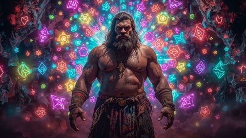 Caveman warrior emerges strong amid vibrant neon icons