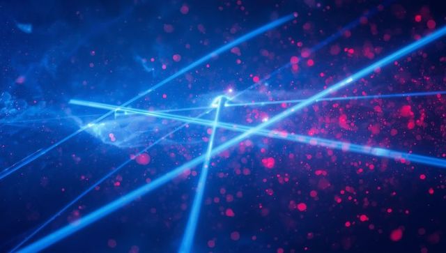 Futuristic Neon Blue Light Beams with Red Bokeh in Abstract Space
