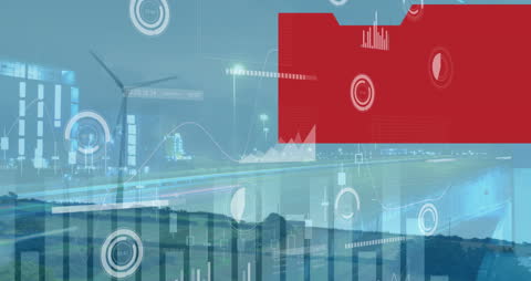 Digital Data Interface with Cityscape and Wind Turbine Elements