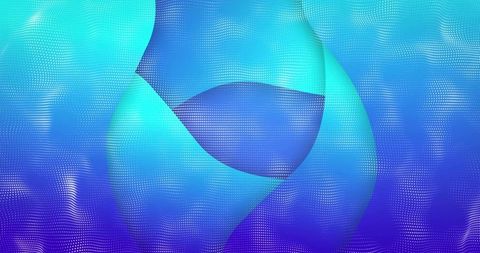 Turquoise ribbon loop revealing halftone dots and gradient torus with translucent overlays
