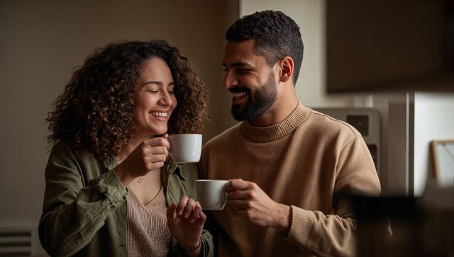 Couple sharing coffee and laughs in cozy kitchen, warm intimate morning moment