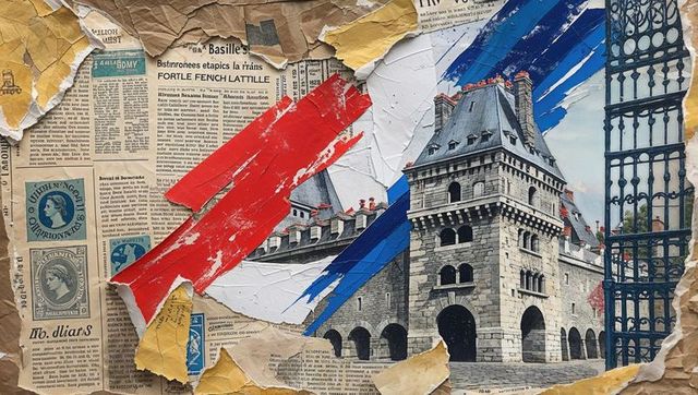 Historic fortress collage with newspaper and paint strokes