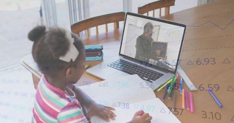 Young girl studying remotely at dining table with laptop, notebook and colorful markers