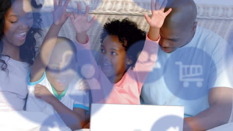 Family Exploring Digital World with Media Icons Overlaid