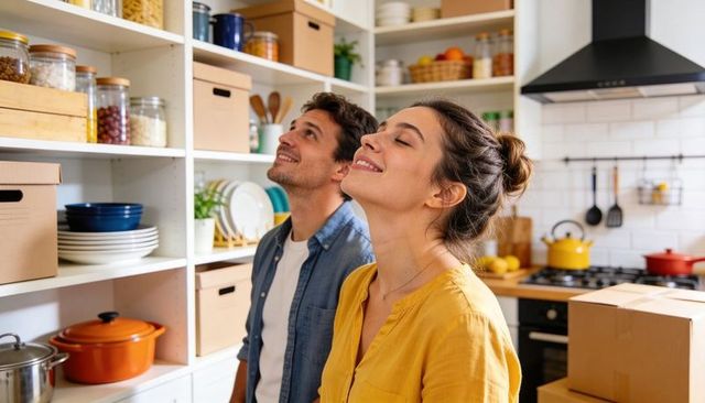 Young couple organizing kitchen shelves while unpacking boxes, happy home organization