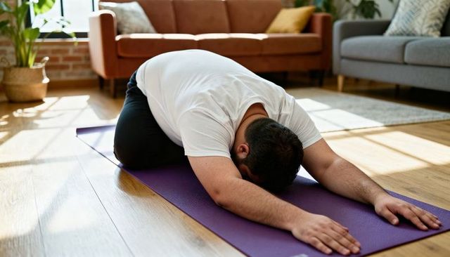 Man practicing child's pose on purple yoga mat in sunlit minimalist living room