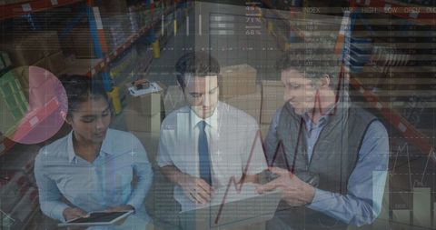 Warehouse Team Analyzing Data with Digital Interface Overlay