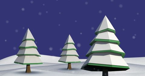 Winter Wonderland with Geometric Fir Trees and Snowfall
