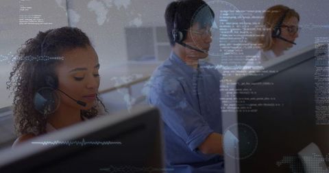 Call center team handling support calls with augmented data overlays and headsets