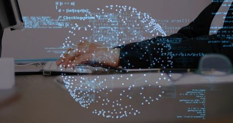 Woman typing on laptop with holographic code globe overlay visualizing global data network