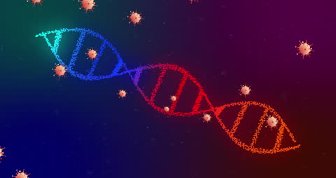 Digital DNA Strand Surrounded by Animated Viral Cells
