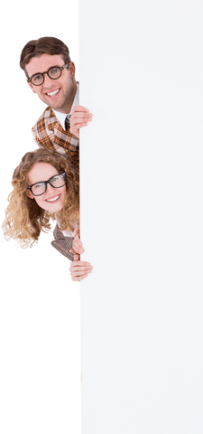 smiling hipster couple peeking from behind transparent poster - Download Free Stock Videos Pikwizard.com