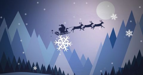 Santa Claus Sleigh Silhouette Over Snowy Mountain Landscape
