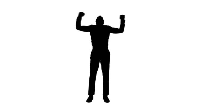 Silhouette of a businessman celebrating with his arms raised. Can be used in content related to business success, achievement, motivation, corporate victory, or positive business outcomes. Useful for motivational posters, business presentations, or personal empowerment visuals.