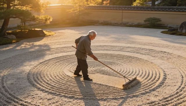 Senior gardener raking concentric circles in zen rock garden during golden hour