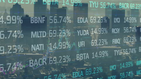 Digital Data Animation Over Cityscape Symbolizing Global Business Insights