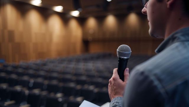 Presenter rehearsing on empty auditorium stage holding microphone and notes for presentation