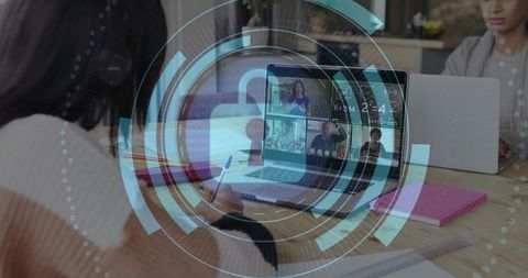 Teen writing during remote class with cybersecurity padlock overlay and virtual conference