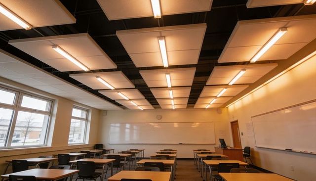Modern empty classroom with rows of student desks facing whiteboard and podium