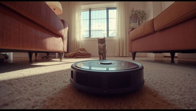 Robotic vacuum approaching curious cat in cozy living room
