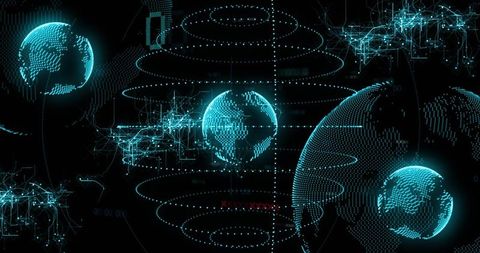 Rotating neon point-cloud globe in virtual hub with concentric rings and network nodes